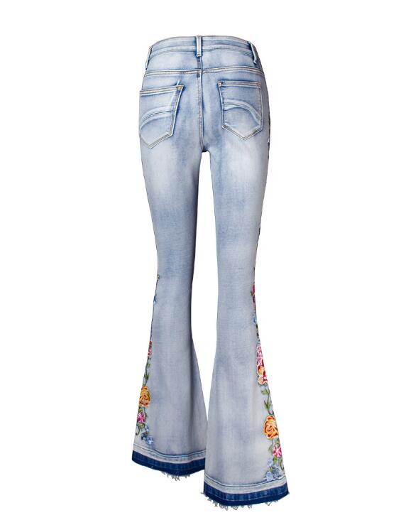 SZ60206 Flower Embroidery Denim Flared Pants in Blue